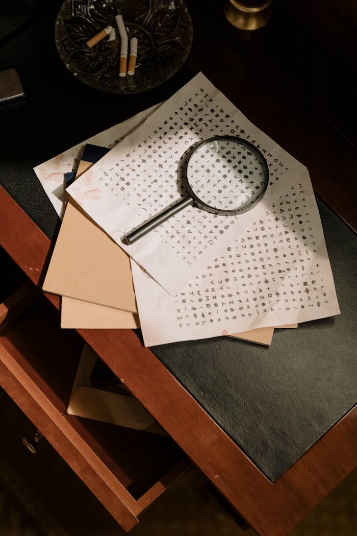A vintage office scene with cryptic documents and a magnifying glass, evoking mystery and detective work.